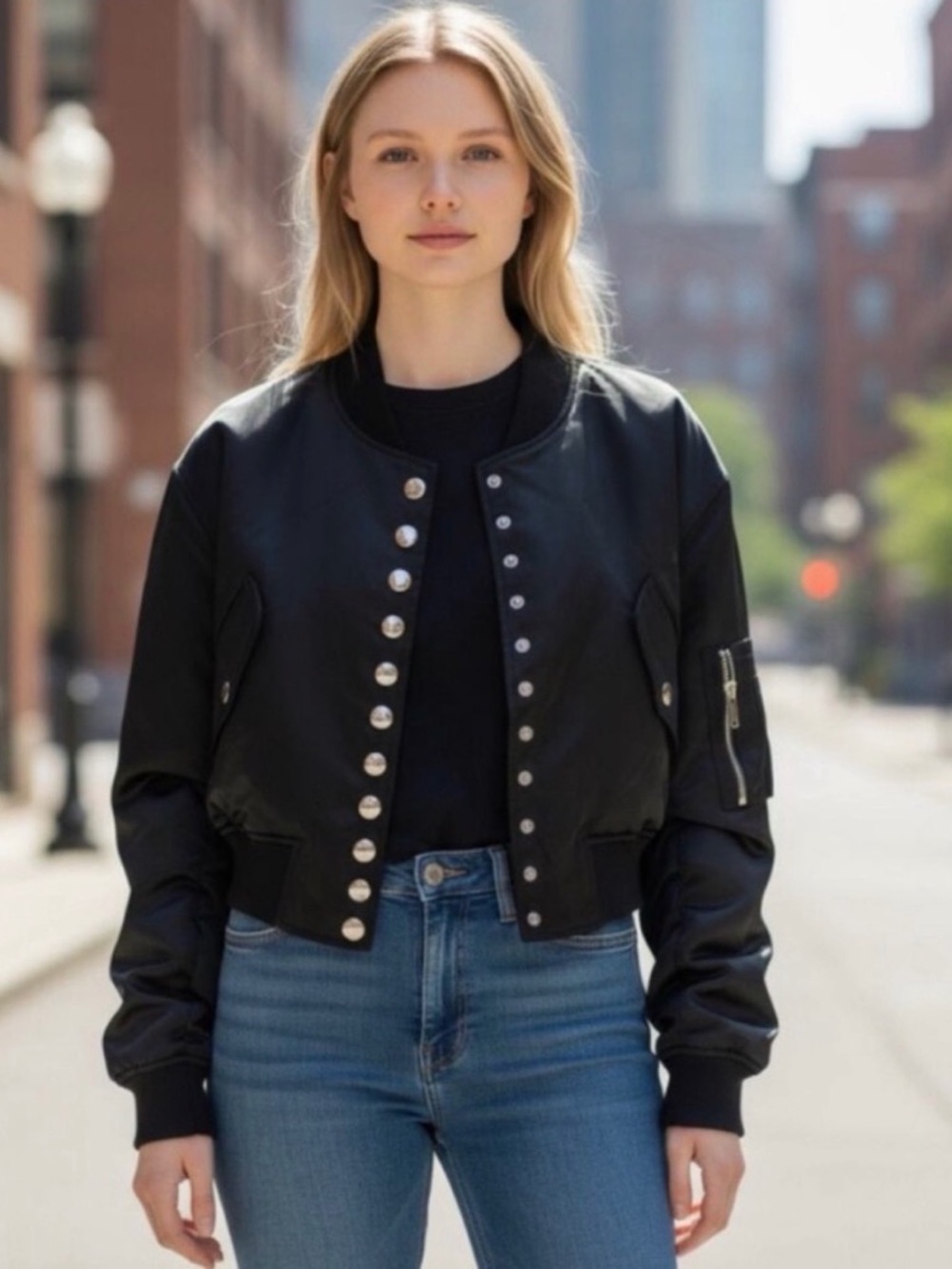 NWT Choosy Black Bomber Jacket with Snap Details - Women Size 14 or 16